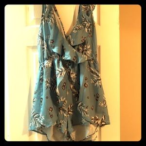 Powder blue with white and gray floral romper